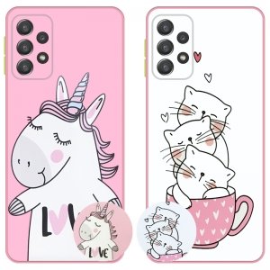 کاور عروسکی دکمه رنگی دخترانه مناسب برای گوشی Samsung Galaxy A52 4G/5G/S مدل محافظ لنزدار به همراه پاپ سوکت طرح کیتی و اسب تک شاخ Unicorn And Kitty Case