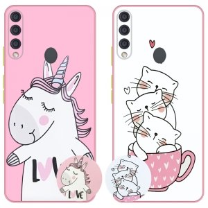 کاور عروسکی دکمه رنگی دخترانه مناسب برای گوشی Samsung Galaxy A20S مدل محافظ لنزدار به همراه پاپ سوکت طرح کیتی و اسب تک شاخ Unicorn And Kitty Case