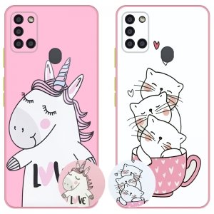 کاور عروسکی دکمه رنگی دخترانه مناسب برای گوشی Samsung Galaxy A21S مدل محافظ لنزدار به همراه پاپ سوکت طرح کیتی و اسب تک شاخ Unicorn And Kitty Case