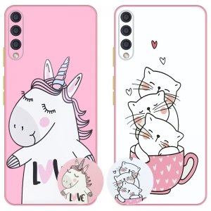 کاور عروسکی دکمه رنگی دخترانه مناسب برای گوشی Samsung Galaxy A50 / A50S / A30S مدل محافظ لنزدار به همراه پاپ سوکت طرح کیتی و اسب تک شاخ Unicorn And Kitty Case