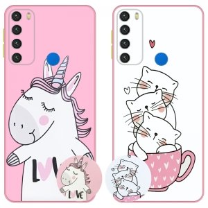 کاور عروسکی دکمه رنگی دخترانه مناسب برای گوشی Xiaomi Redmi Note 8 مدل محافظ لنزدار به همراه پاپ سوکت طرح کیتی و اسب تک شاخ Unicorn And Kitty Case