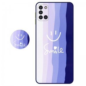 کاور سه بعدی رینبو تم آبی Rainbow Blue Theme مناسب برای گوشی Samsung Galaxy A31 مدل دکمه رنگی محافظ لنزدار به همراه پاپ سوکت طرح رنگین کمانی زنانه و مردانه