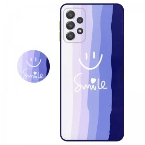 کاور سه بعدی رینبو تم آبی Rainbow Blue Theme مناسب برای گوشی Samsung Galaxy A72 5G / 4G مدل دکمه رنگی محافظ لنزدار به همراه پاپ سوکت طرح رنگین کمانی زنانه و مردانه