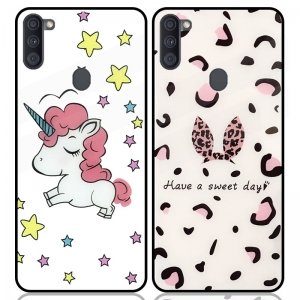 قاب پشت گلس فانتزی مناسب برای گوشی Samsung Galaxy A11 مدل عروسکی دخترانه و لاکچری زنانه طرح یونیکورن و پلنگی کالباسی Unicorn And Sweet Glass Case