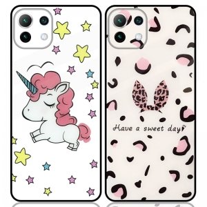 قاب پشت گلس فانتزی مناسب برای گوشی Xiaomi MI 11 Lite مدل عروسکی دخترانه و لاکچری زنانه طرح یونیکورن و پلنگی کالباسی Unicorn And Sweet Glass Case (محافظ لنزدار)