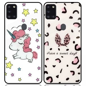 قاب پشت گلس فانتزی مناسب برای گوشی Samsung Galaxy A21S مدل عروسکی دخترانه و لاکچری زنانه طرح یونیکورن و پلنگی کالباسی Unicorn And Sweet Glass Case