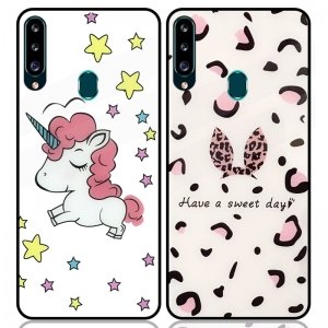 قاب پشت گلس فانتزی مناسب برای گوشی Samsung Galaxy A20S مدل عروسکی دخترانه و لاکچری زنانه طرح یونیکورن و پلنگی کالباسی Unicorn And Sweet Glass Case