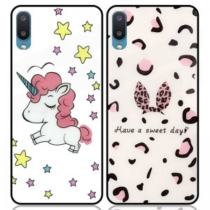 قاب پشت گلس فانتزی مناسب برای گوشی Samsung Galaxy A02 / M02 مدل عروسکی دخترانه و لاکچری زنانه طرح یونیکورن و پلنگی کالباسی Unicorn And Sweet Glass Case