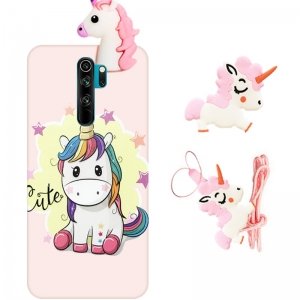 قاب دخترانه مدل عروسکی یونیکورن برای گوشی Xiaomi Redmi Note 8 Pro همراه با پاپ سوکت و پام پام طرحدار سیلیکونی Unicorn 3D Fantasy Case