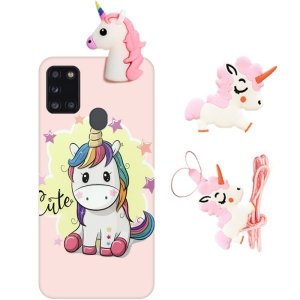 قاب دخترانه مدل عروسکی یونیکورن برای گوشی Samsung Galaxy A21S همراه با پاپ سوکت و پام پام طرحدار سیلیکونی Unicorn 3D Fantasy Case