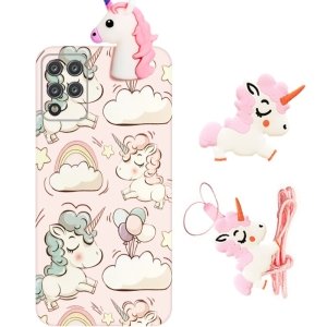 قاب فانتزی عروسکی اسب تک شاخ مناسب برای Samsung Galaxy A12 / M12 مدل بند آویز و پاپ سوکت دار دخترانه (مجهز به محافظ لنز) Unicorn Girly Cartoon Case