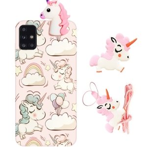 قاب فانتزی عروسکی اسب تک شاخ مناسب برای Samsung Galaxy A71 مدل بند آویز و پاپ سوکت دار دخترانه Unicorn Girly Cartoon Case