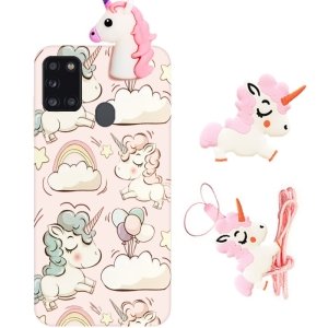 قاب فانتزی عروسکی اسب تک شاخ مناسب برای Samsung Galaxy A21S مدل بند آویز و پاپ سوکت دار دخترانه Unicorn Girly Cartoon Case