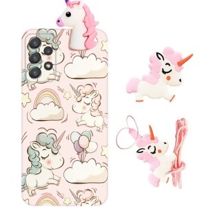 قاب فانتزی عروسکی اسب تک شاخ مناسب برای Samsung Galaxy A32 4G مدل بند آویز و پاپ سوکت دار دخترانه Unicorn Girly Cartoon Case