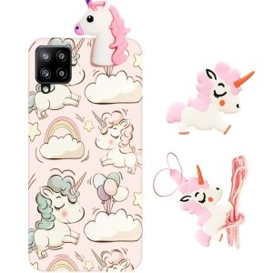 قاب فانتزی عروسکی اسب تک شاخ مناسب برای Samsung Galaxy A22 4G مدل بند آویز و پاپ سوکت دار دخترانه Unicorn Girly Cartoon Case