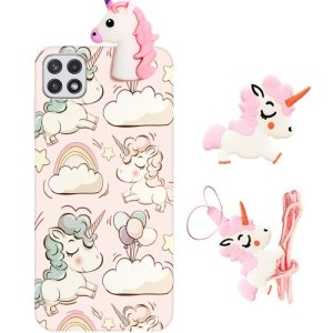 قاب فانتزی عروسکی اسب تک شاخ مناسب برای Samsung Galaxy A22 5G مدل بند آویز و پاپ سوکت دار دخترانه Unicorn Girly Cartoon Case