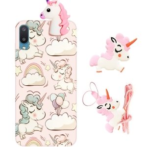 قاب فانتزی عروسکی اسب تک شاخ مناسب برای Samsung Galaxy A02 مدل بند آویز و پاپ سوکت دار دخترانه Unicorn Girly Cartoon Case