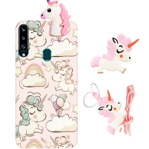 قاب فانتزی عروسکی اسب تک شاخ مناسب برای Samsung Galaxy A20S مدل بند آویز و پاپ سوکت دار دخترانه Unicorn Girly Cartoon Case