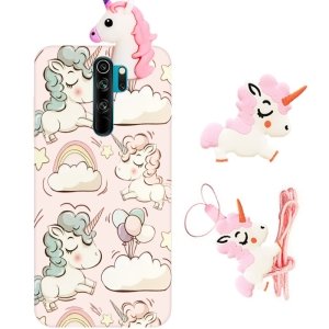قاب فانتزی عروسکی اسب تک شاخ مناسب برای Xiaomi Redmi Note 8 Pro مدل بند آویز و پاپ سوکت دار دخترانه Unicorn Girly Cartoon Case