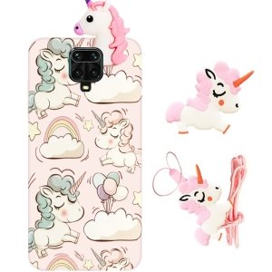 قاب فانتزی عروسکی اسب تک شاخ مناسب برای Xiaomi Redmi Note 9S / 9 Pro مدل بند آویز و پاپ سوکت دار دخترانه Unicorn Girly Cartoon Case