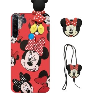 کاور دخترانه فانتزی طرح مینی موس مناسب برای گوشی Xiaomi Redmi Note 8 همراه با ست پام پام و پاپ سوکت عروسکی سیلیکونی (محافظ لنزدار) Disney Mickey Mouse Cute Case