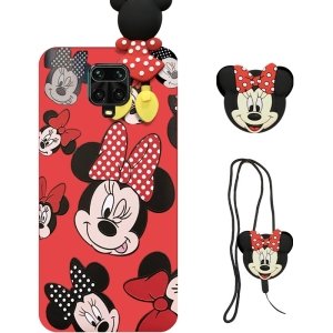 کاور دخترانه فانتزی طرح مینی موس مناسب برای گوشی Xiaomi Redmi Note 9S / 9 Pro همراه با ست پام پام و پاپ سوکت عروسکی سیلیکونی Disney Mickey Mouse Cute Case