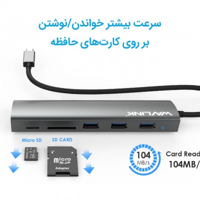 هاب ویولینک ۵ پورت USB 3.0 با اتصال USB-C مدل WL-UH3047RC