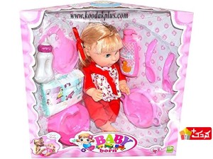 عروسک پمپرسی برند بی بی بورن با شامپو بچه، ظرف غذا و شیشه شیر مدل baby-born