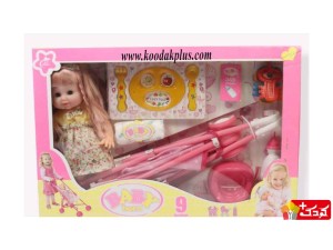 عروسک بی بی بورن با کالسکه، شیشه شیر ، ظرف غذا و پمپرس مدل baby-born