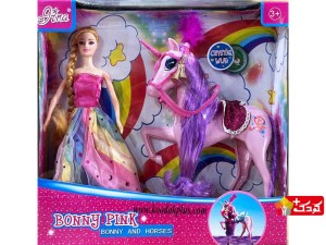 عروسک باربی به همراه اسب پونی صورتی رنگ مدل bonny-pink-6094a