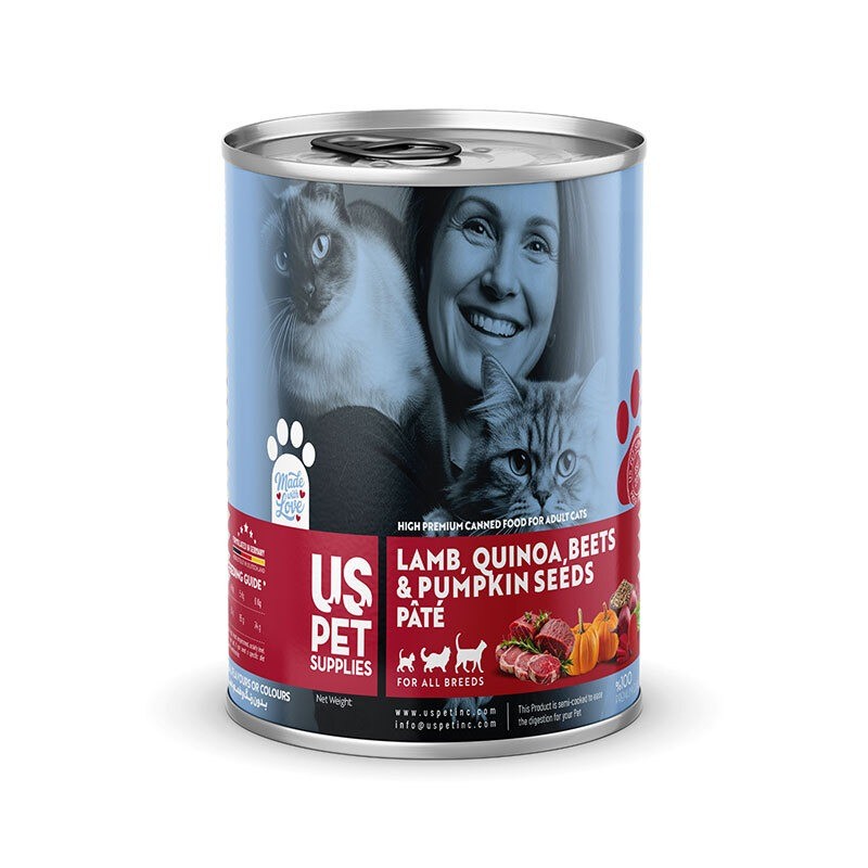 کنسرو غذای گربه یو اس پت مدل های پریمیوم با طعم گوشت بره و کینوآ و چغندر و تخم کدو USPet Cat Canned Food وزن 800 گرم