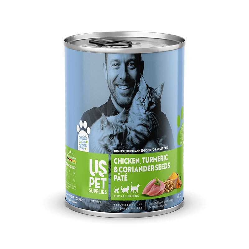 کنسرو غذای گربه یو اس پت مدل های پریمیوم با طعم مرغ و زردچوبه و گشنیز USPet Cat Canned Food وزن 800 گرم