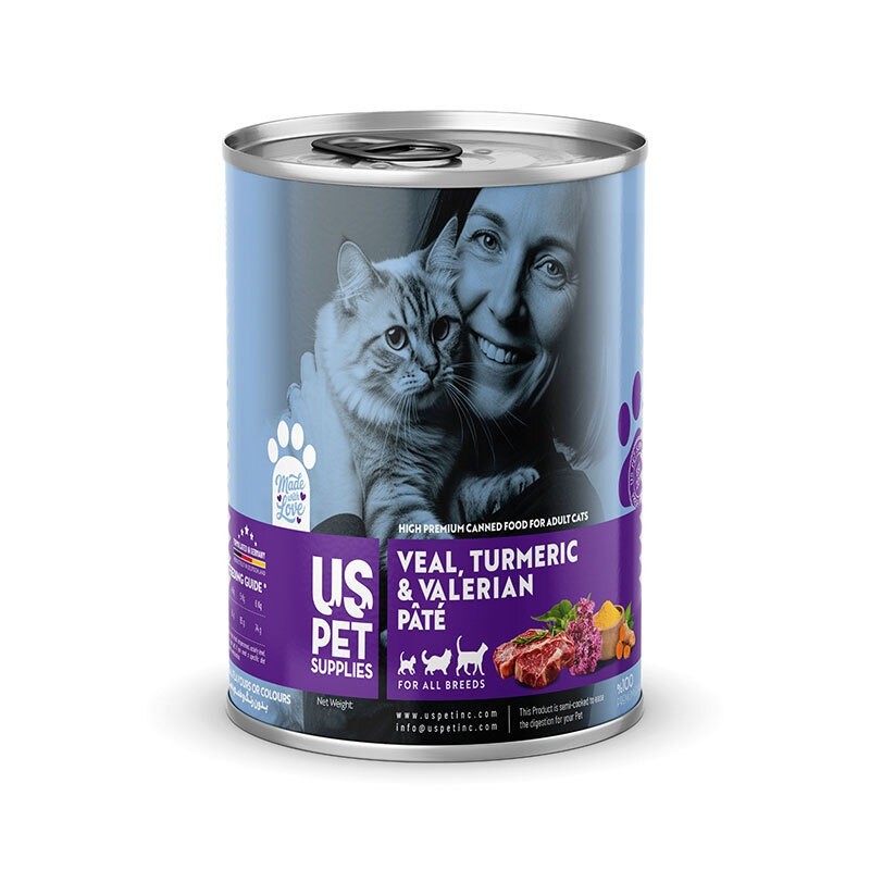 کنسرو غذای گربه یو اس پت مدل های پریمیوم با طعم گوشت گوساله و زردچوبه و سنبل الطیب USPet Cat Canned Food بسته 6 عددی