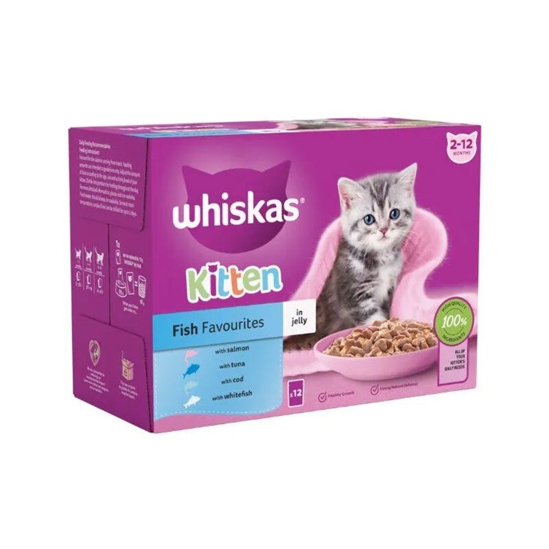 پوچ بچه گربه ویسکاس با طعم میکس ماهی‌های دریایی Whiskas Kitten Fish Favourites in Jelly بسته 12 عددی