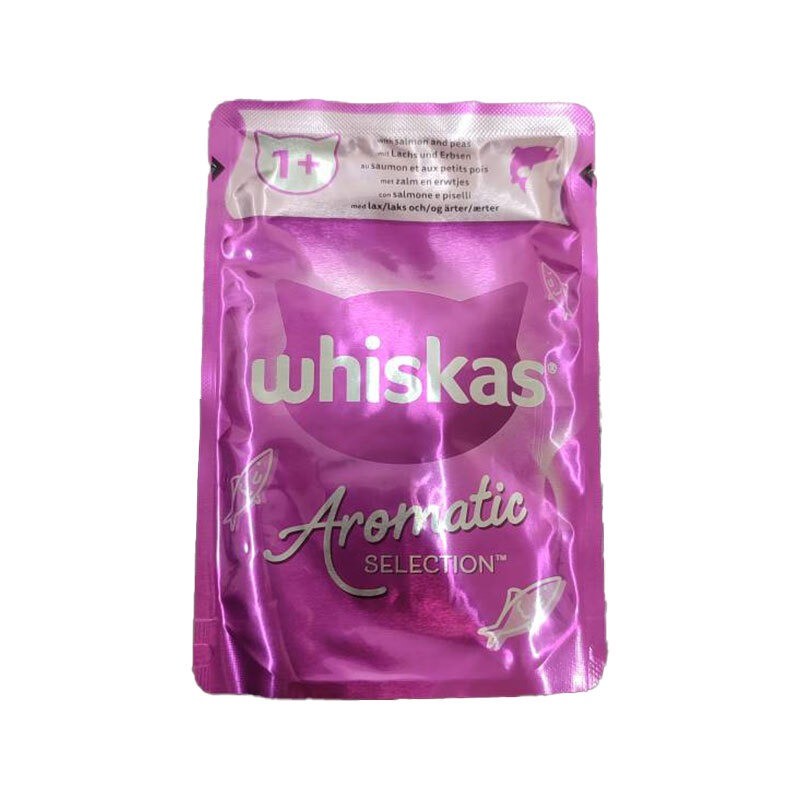 پوچ گربه ویسکاس با طعم سالمون و نخودفرنگی Whiskas Aromatic Selection Seafood Delight in Gravy وزن 85 گرم