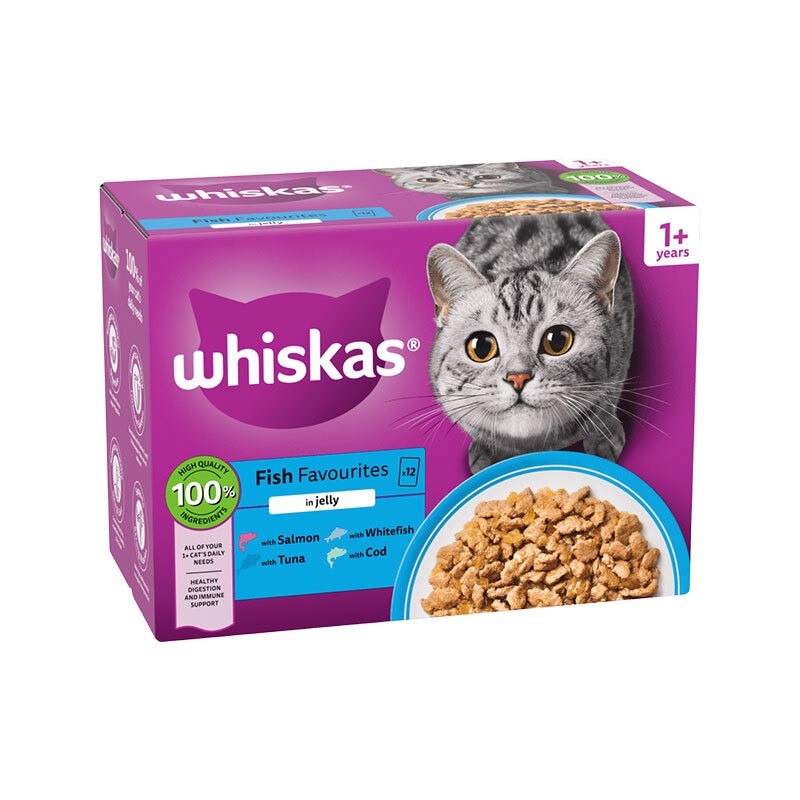 پوچ گربه ویسکاس با طعم میکس ماهی‌های دریایی Whiskas Fish Favourites in Jelly بسته 12 عددی