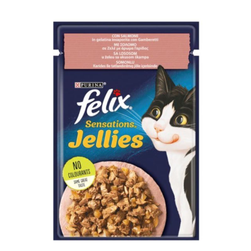 پوچ گربه فلیکس با طعم ماهی سالمون و میگو Felix SensationJellies وزن 85 گرم