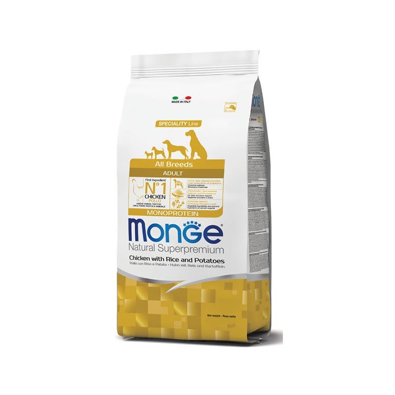 غذای خشک سگ مونژه با طعم مرغ، برنج و سیب زمینی Monge Natural Superpremium All Breeds Adult Monoprotein وزن 12 کیلوگرم