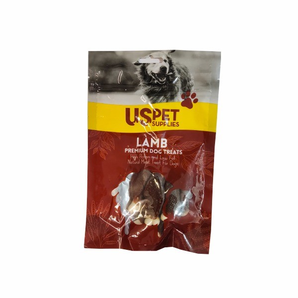 تشویقی سگ یو اس پت با طعم بره مدل استخوان دورپیچ USPet Lamb Snack Bones Wrapped وزن 100 گرم
