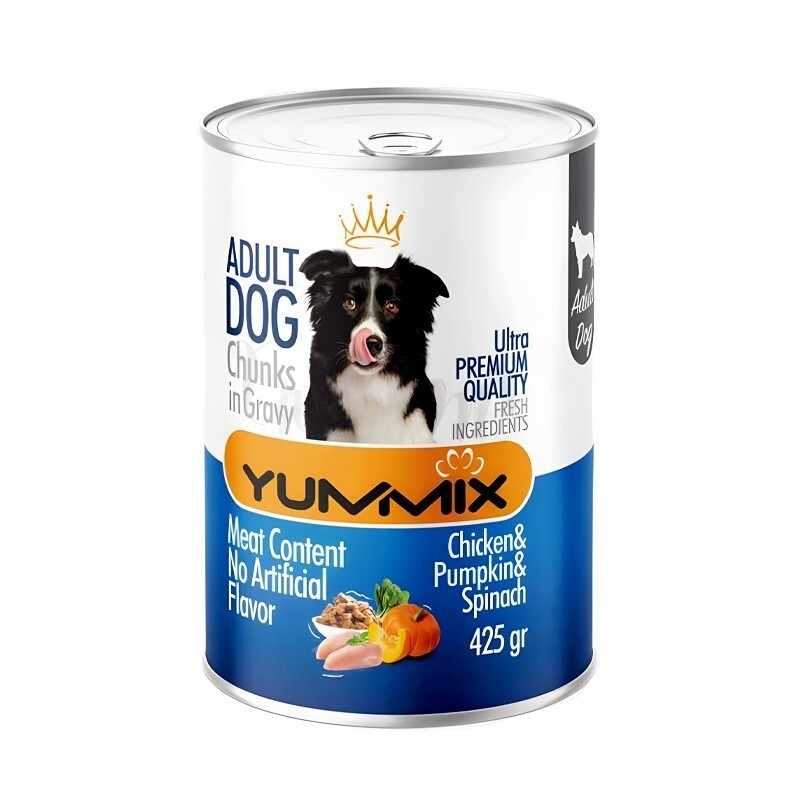 کنسرو غذای سگ بالغ یامیکس مدل چانک با مرغ و کدو و اسفناج Yummix Chicken Pumpkin Spinach Adult Dog Can وزن 425 گرم