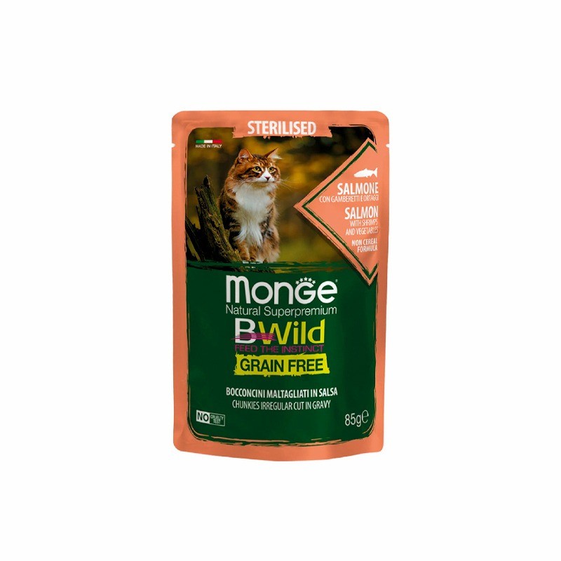 پوچ گربه عقیم مونژه مدل بی‌وایلد طعم ماهی سالمون و میگو Monge Bwild Sterilised Cat Pouch Salmon وزن 85 گرم