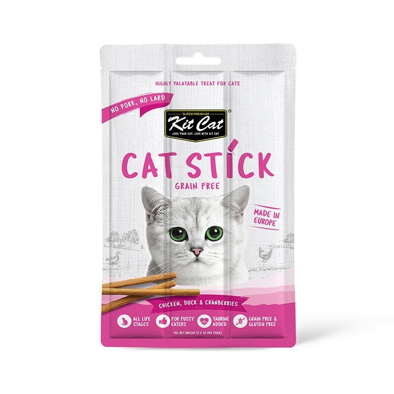 تشویقی مدادی گربه کیت کت با طعم مرغ، اردک و زغال اخته Kit Cat Grain-free Cat Sticks With Chicken, Duck & Cranberries وزن 15 گرم