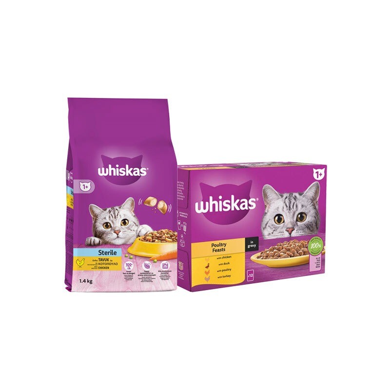 بسته پوچ و غذای خشک گربه عقیم شده ویسکاس با طعم مرغ و گوشت پرندگان Whiskas Sterilised Cat Pouch & Dry Food بسته 2 عددی