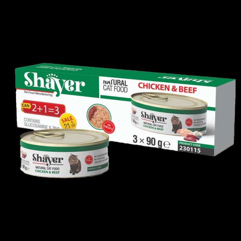 کنسرو غذای گربه با طعم مرغ و گوشت شایر Shayer Natural With Chicken & Beef بسته 3 عددی