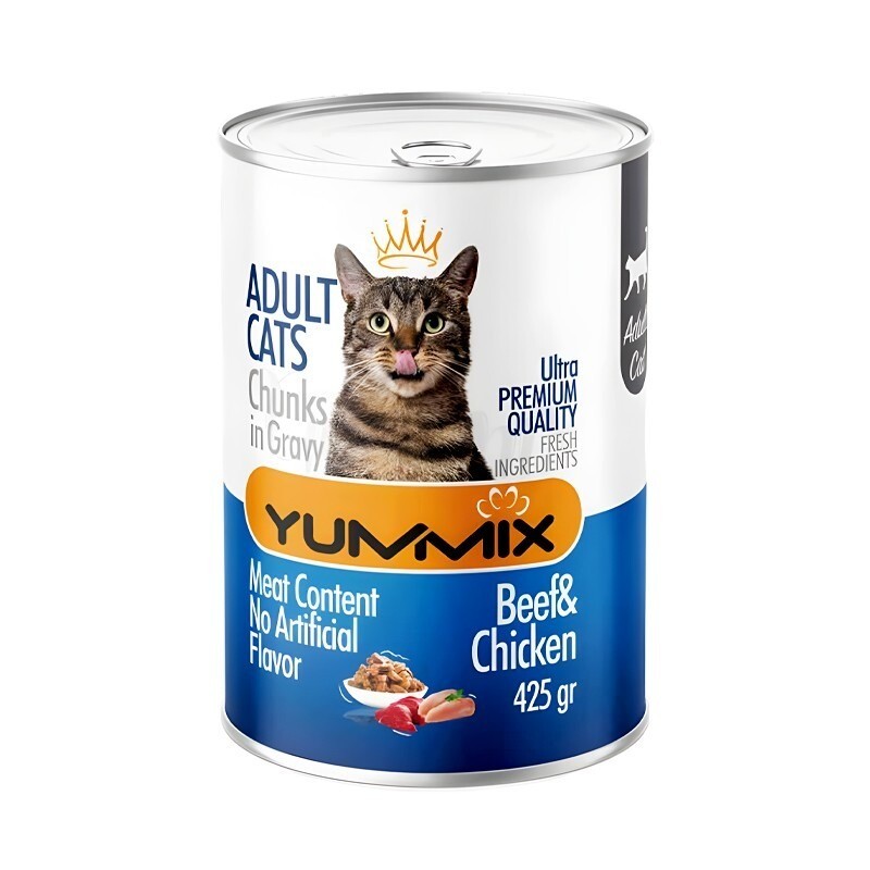 کنسرو غذای گربه بالغ یامیکس مدل چانک با گوشت گاو و مرغ Yummix Beef & Chicken Chunk in Gravy Adult Cat Can وزن 425 گرم