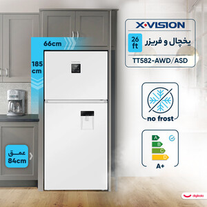 یخچال فریزر 26 فوت ایکس ویژن مدل TT582-AWD/AS ، دارای آبسردکن و یخساز نیمه‌ اتوماتیک، با ارتفاع 185، پهنای 66 و عمق 84 سانتی‌ متر، میزان مصرف انرژی A+، دارای 4 طبقه در یخچال و 2 طبقه در فریزر
