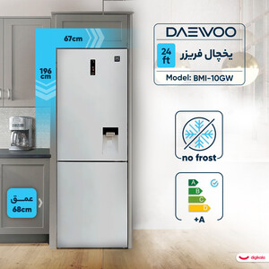 یخچال فریزر 24 فوت دوو مدل BMI-10GW با ارتفاع 196، پهنای 67 و عمق 68 سانتی متر، میزان مصرف انرژی A+، دارای 1 کشو در یخچال و 4 کشو در فریزر، دارای سیستم نوفراست