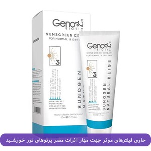 کرم ضد آفتاب رنگی پوست های خشک و معمولی SPF50 ژنوبایوتیک 50gr