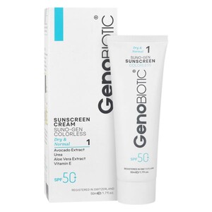 کرم ضد آفتاب بی رنگ پوست های خشک و معمولی SPF50 ژنوبایوتیک 50ml