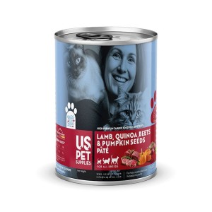 کنسرو غذای گربه یو اس پت مدل های پریمیوم با طعم گوشت بره و کینوآ و چغندر و تخم کدو USPet Cat Canned Food بسته 6 عددی